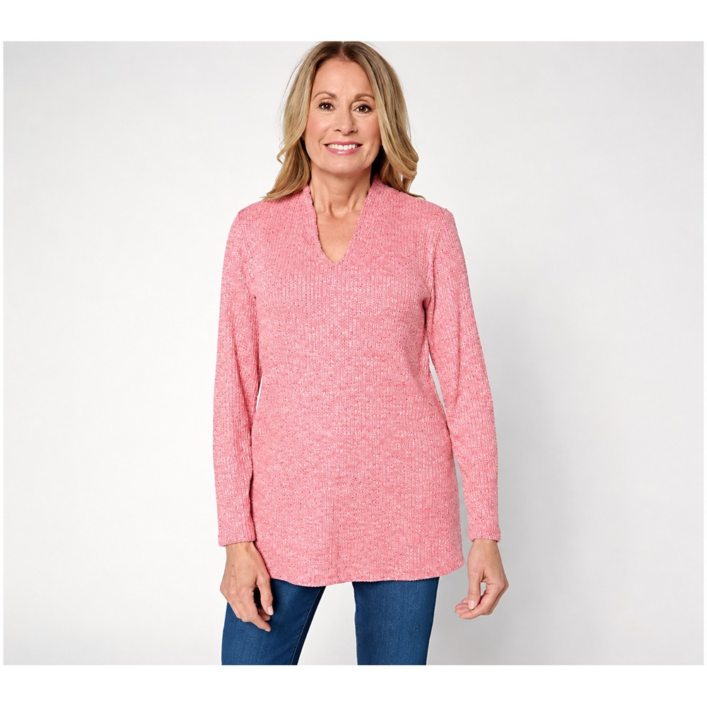 Denim & Co. Petite Drop Needle Rib Long Sleeve V-Neck Tunic Dark Rose, Petite XS